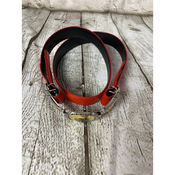 Women's Red Boho Western Leather Belt, Gold Silver Tone Buckle, 31 inches - Picture 2 of 5